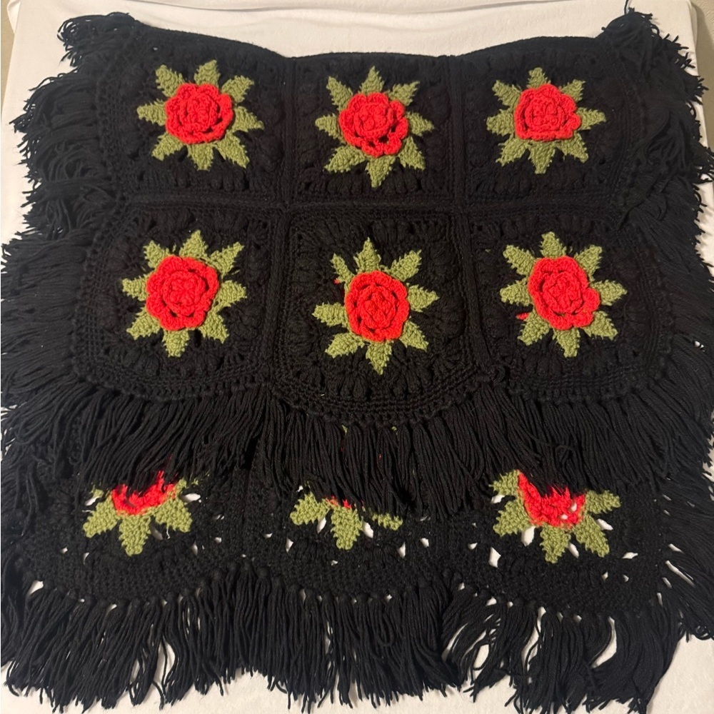 Handmade Crochet Blanket with Red Rose Design